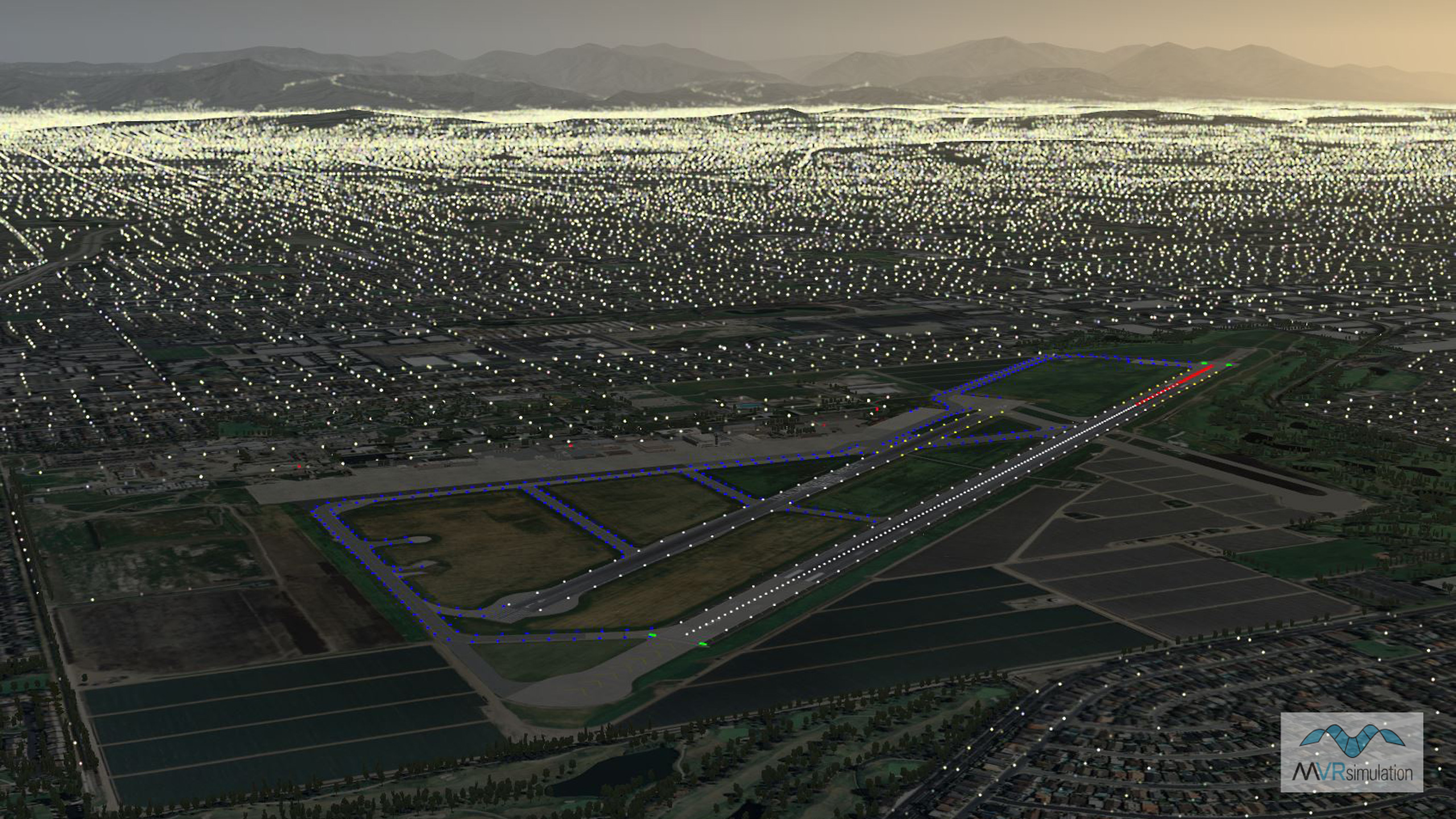 MVRsimulation VRSG real-time scene of culture lights and runway lights on virtual Los Alamitos Army Airfield / Joint Forces Training Base (KSLI), Orange Country, CA.