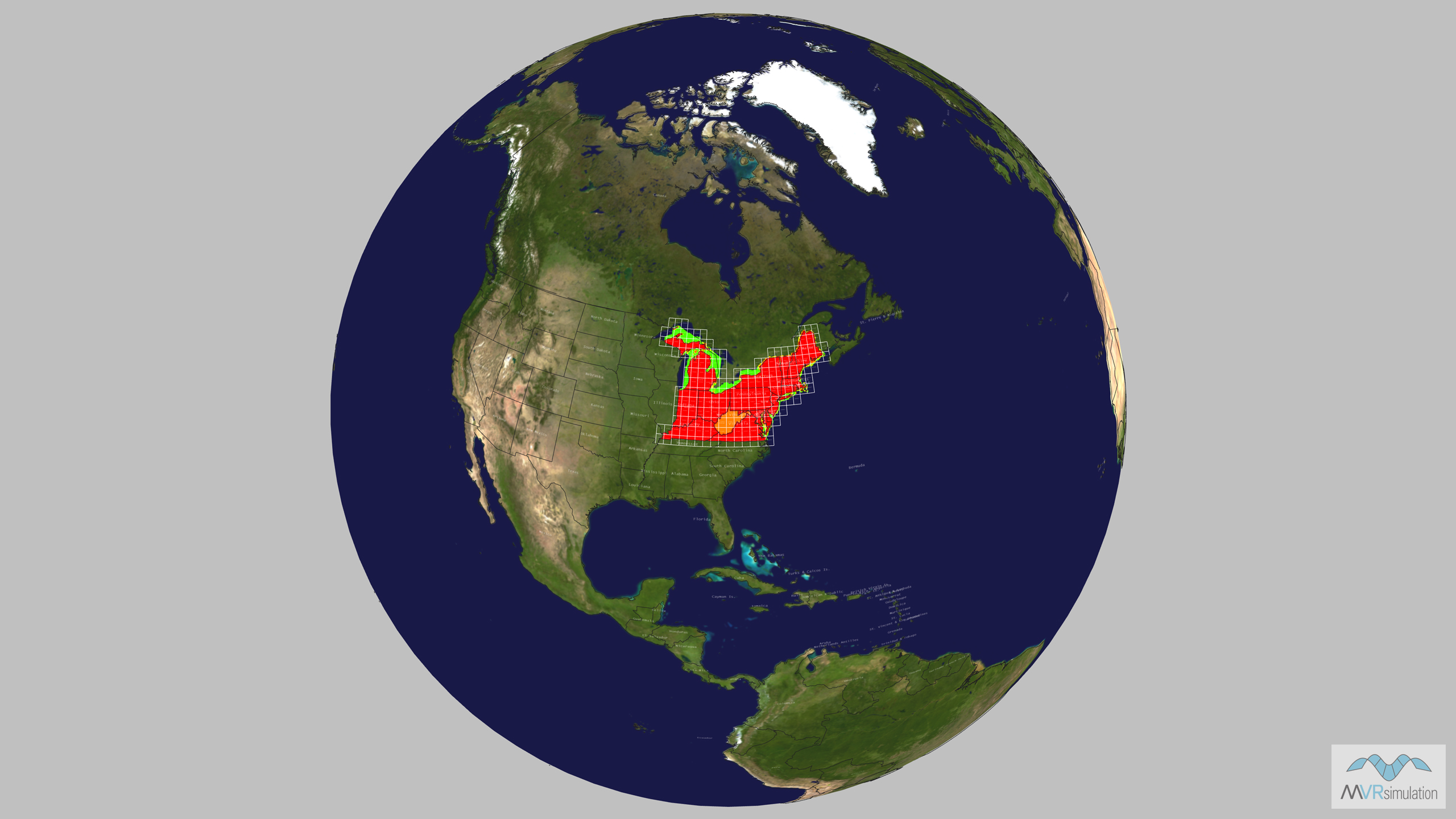 Coverage Map of the VRSG virtual terrain of CONUS Northeast.
