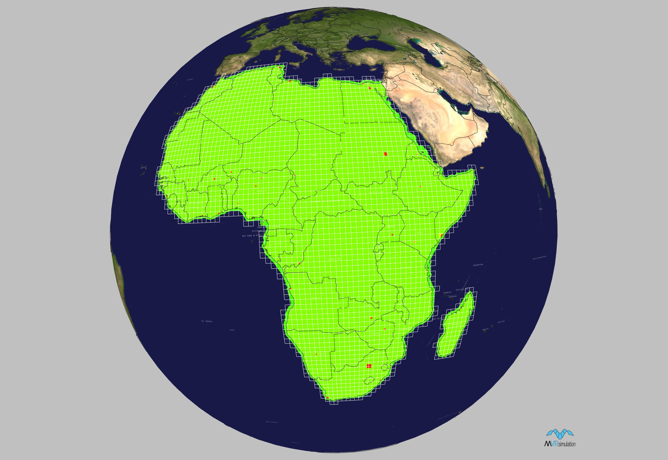 Geographic coverage of MVRsimulation's terrain tiles of Africa.