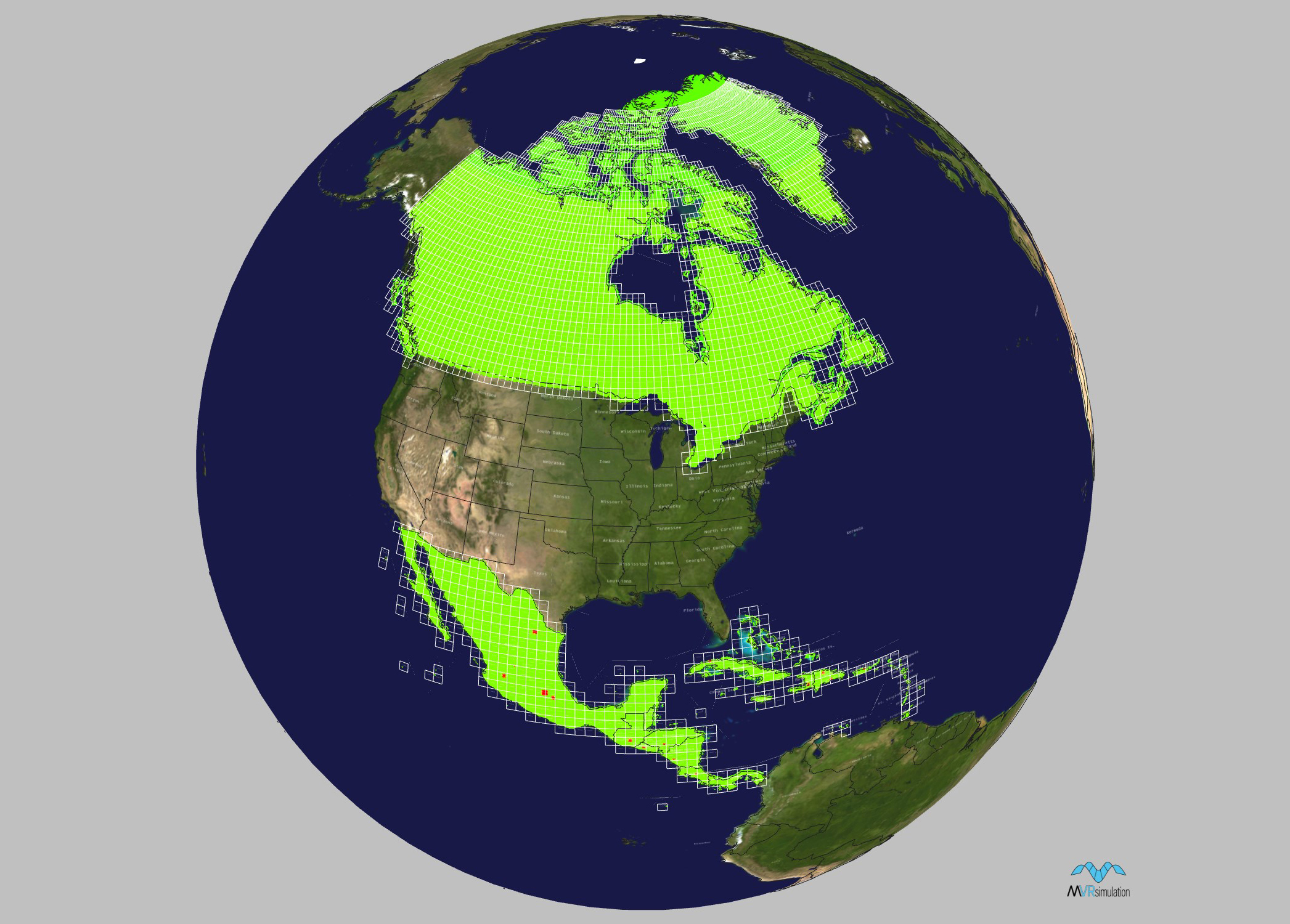 Geographic coverage of MetaVR's terrain tiles of North America (excluding the USA). 