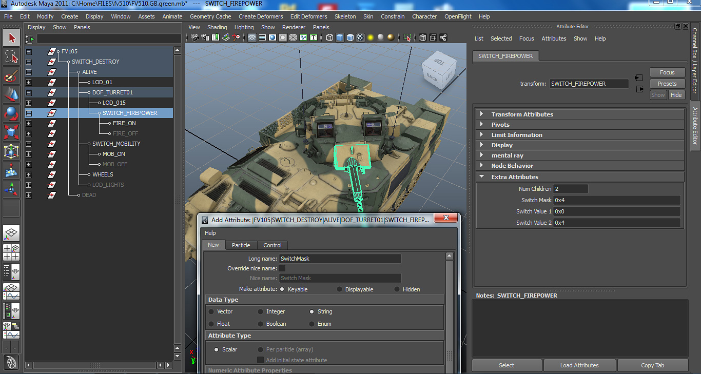 The creation of a switch mask for a new custom attribute in AutoDesk's Maya modeling tool for MetaVR's FV510 model.