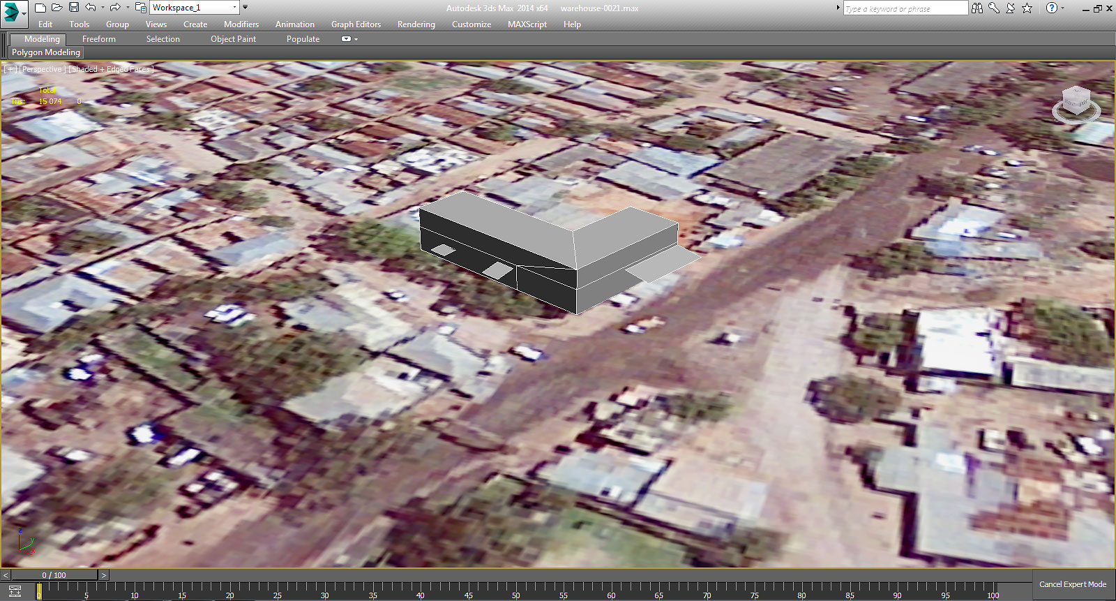 Basic mesh of the model positioned on the building footprint on the terrain imagery.