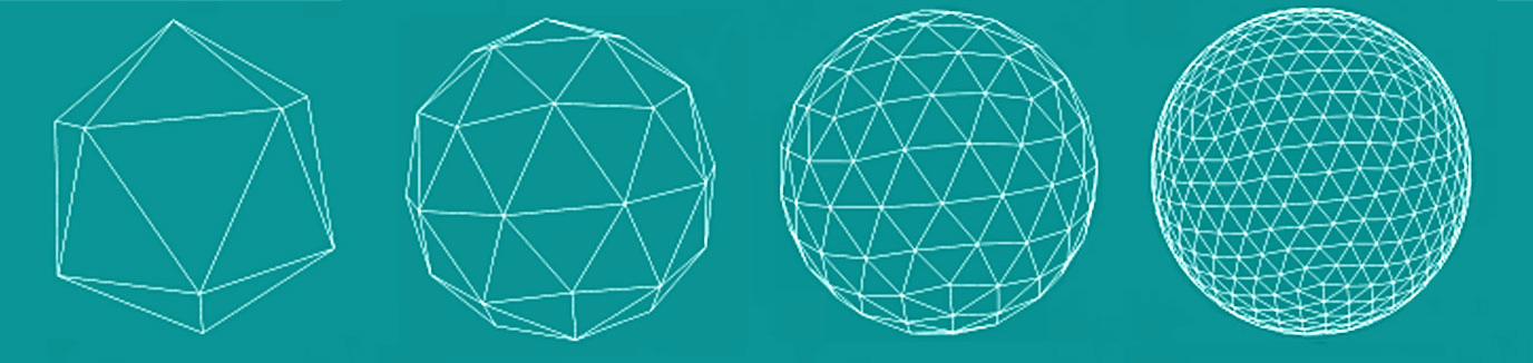 MetaVR Metadesic round-earth format: a polyhedron converges to a target ellipsoid after 3 levels of recursion in the geodesic tessellation process.