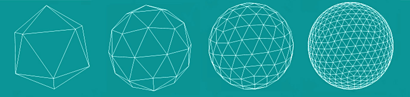 MVRsimulation round-earth format: a polyhedron converges to a target ellipsoid after 3 levels of recursion in the geodesic tessellation process.