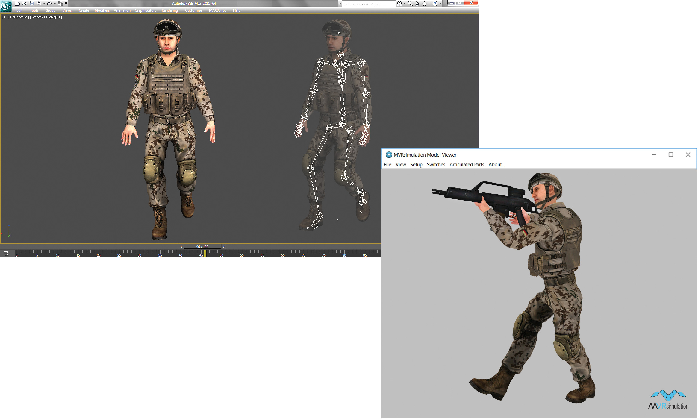 A character model in Autodesk 3ds Max prior to exporting it in FBX format (left), and the resulting model in MVRsimulation's model format (right), previewed in MVRsimulation's Model Viewer.