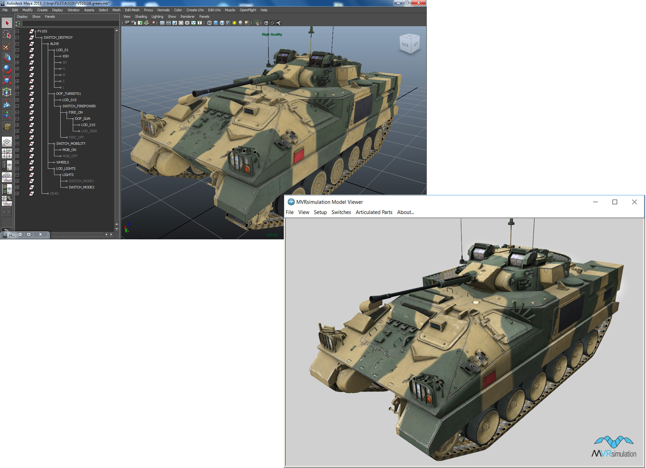 MVRsimulation's FV510 model, in AutoDesk's Maya modeling tool, prior to exporting it in FBX format for conversion to MVRsimulation's model format, and resulting converted model in MVRsimulation's Model Viewer.