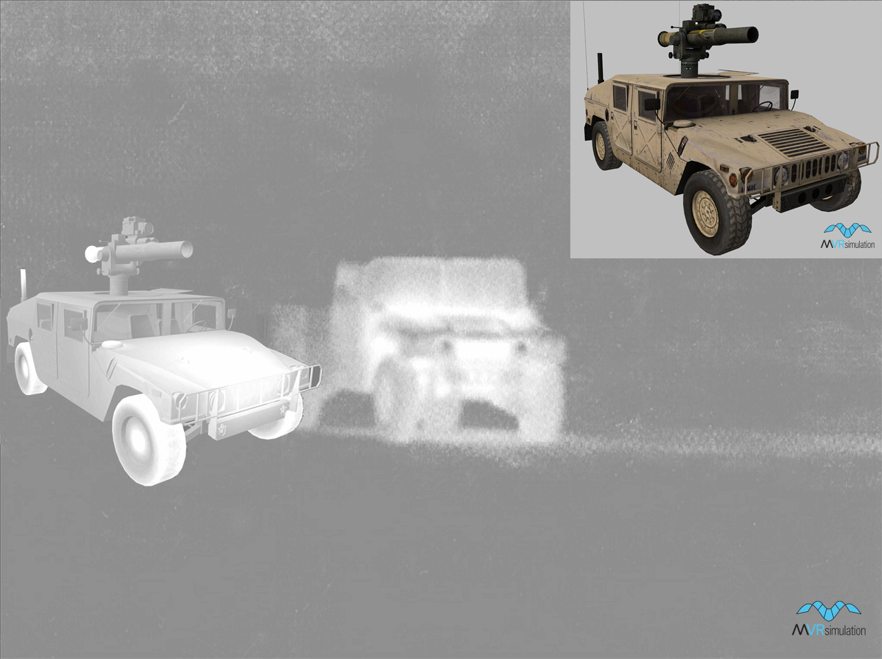 Simulated infra-red (IR) view of a Humvee model from MVRsimulation's 3D military vehicle library (on the left) next to an infra-red photo of an actual military vehicle. The photo of the real vehicle is taken from PEO-STRI's poster of the Recognition of Combat Vehicles (ROC-V) thermal siting training program, which has been displayed at trade shows. The photo is used here as a background image in MVRsimulation's Model Viewer. In the upper-right is the textured view of the Humvee model.