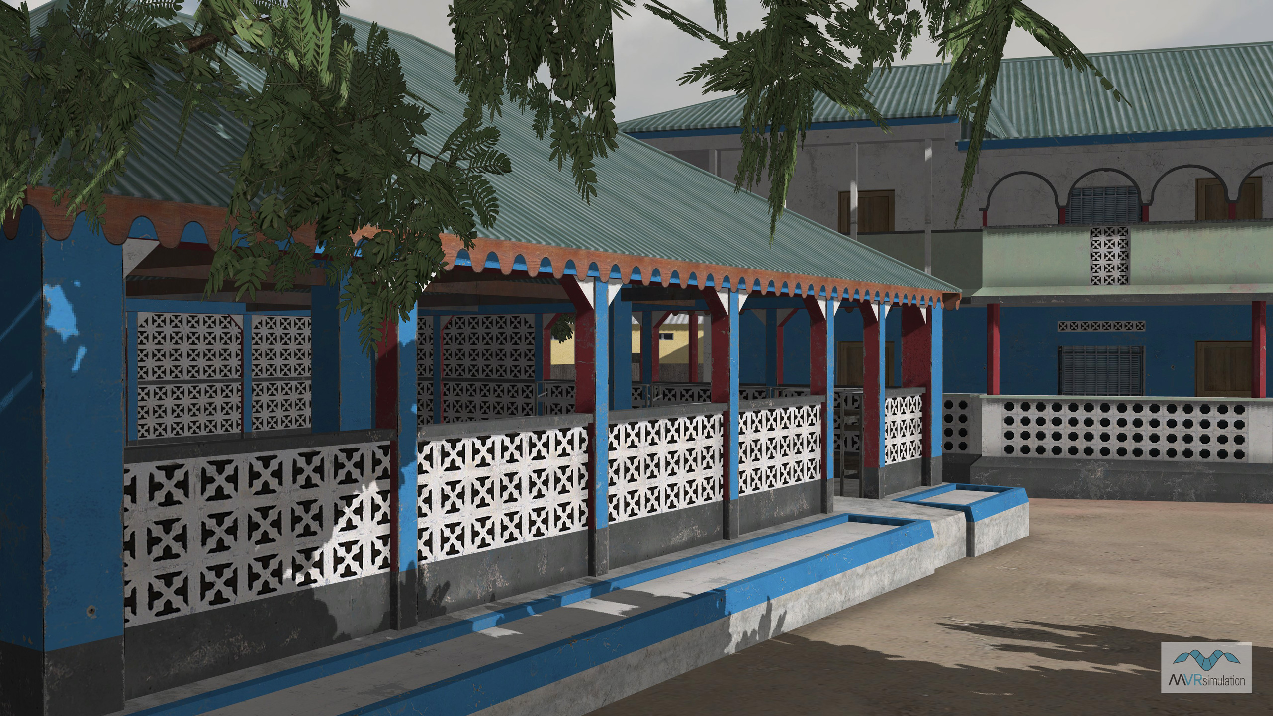 MVRsimulation VRSG real-time scene of a facade detail from virtual Kismayo, Somalia, terrain.