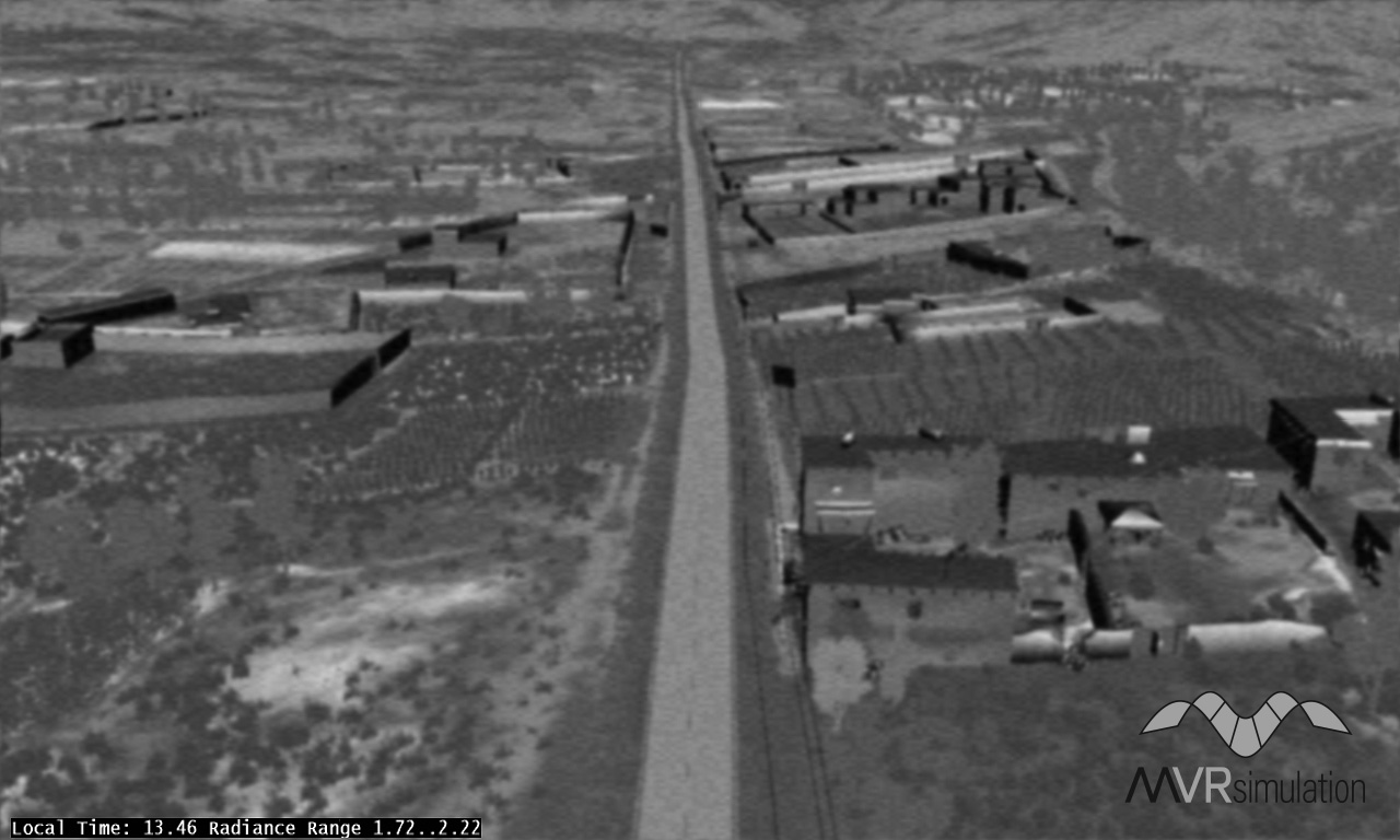 MetaVR VRSG's physics-based simulated thermal view of a scene on the company's Afghanistan 3D terrain in early afternoon.