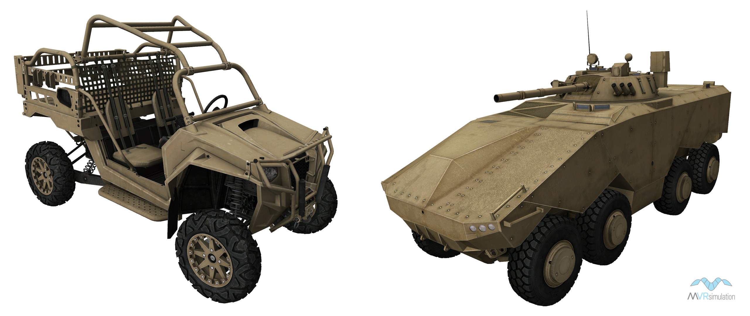 MVRsimulation's MRZR-2 and Enigma 8x8 vehicle models used in the examples.