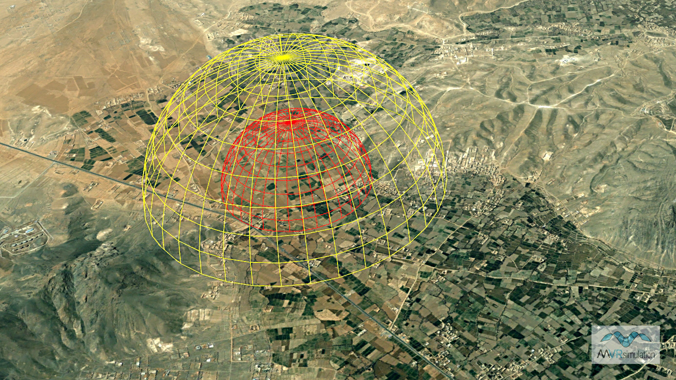 VRSG threat dome representing the detection and lethal ranges of a Surface to Air Missile (SAM) or similar threat system.