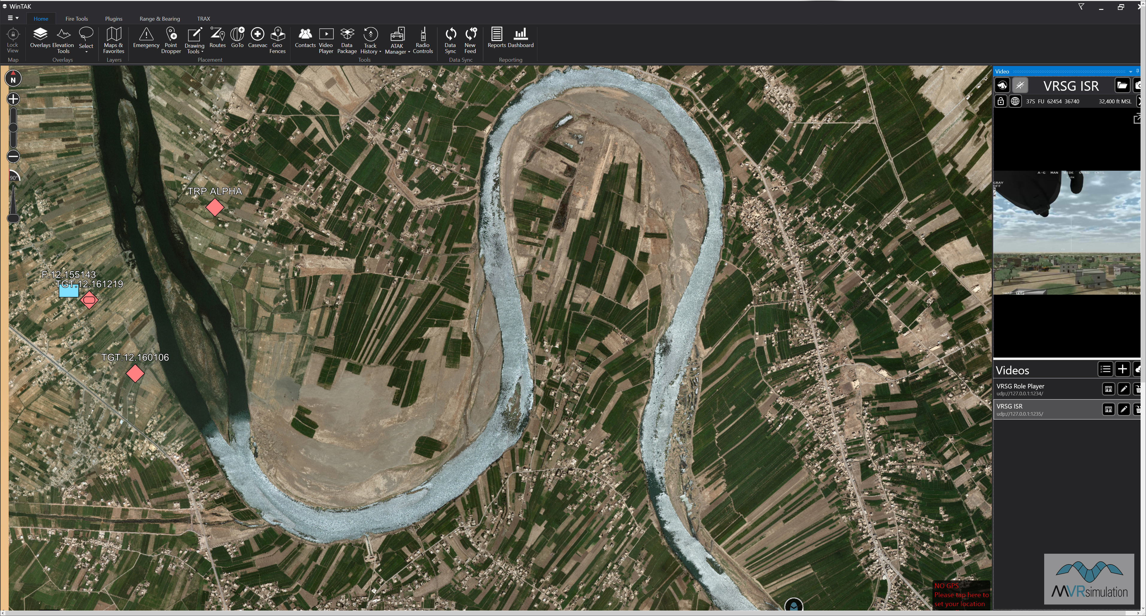 Close-up of WinTAK in real time integrated with BSI's MACE and MVRsimulation's 3D geospecific terrain; including simulated sensor feed from the Role Player.