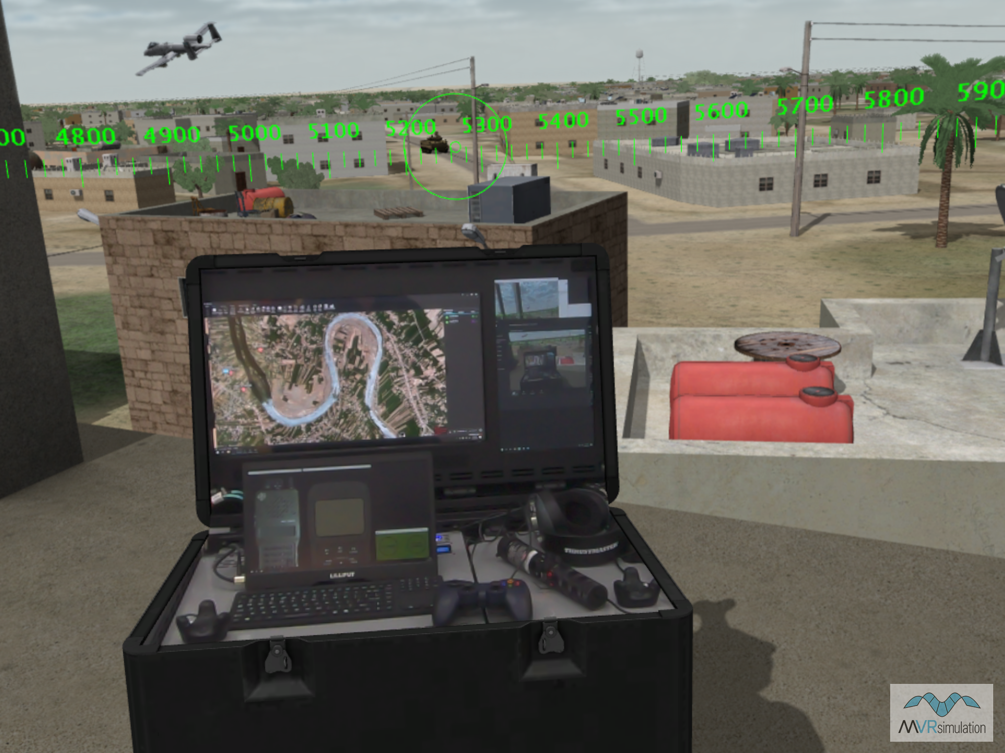 View from inside the Varjo XR-3; showing the pass-thru of the real world Observer Station and MVRsimulation's 3D geospecific terrain of densely populated Hajin, Syria.