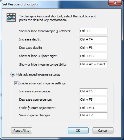 Nvidia control panel shortcuts dialog box.