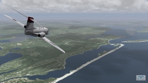 MVRsimulation VRSG real-time scene of a T-1A entity in flight over virtual terrain of Pensacola, FL.
